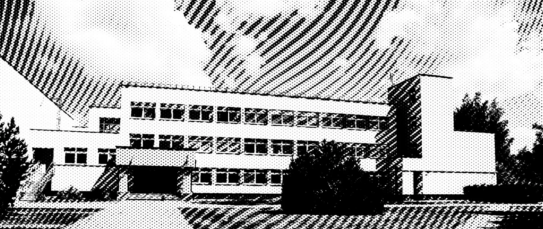 Black and white halftone illustration of an education building for a confidential leadership team case study