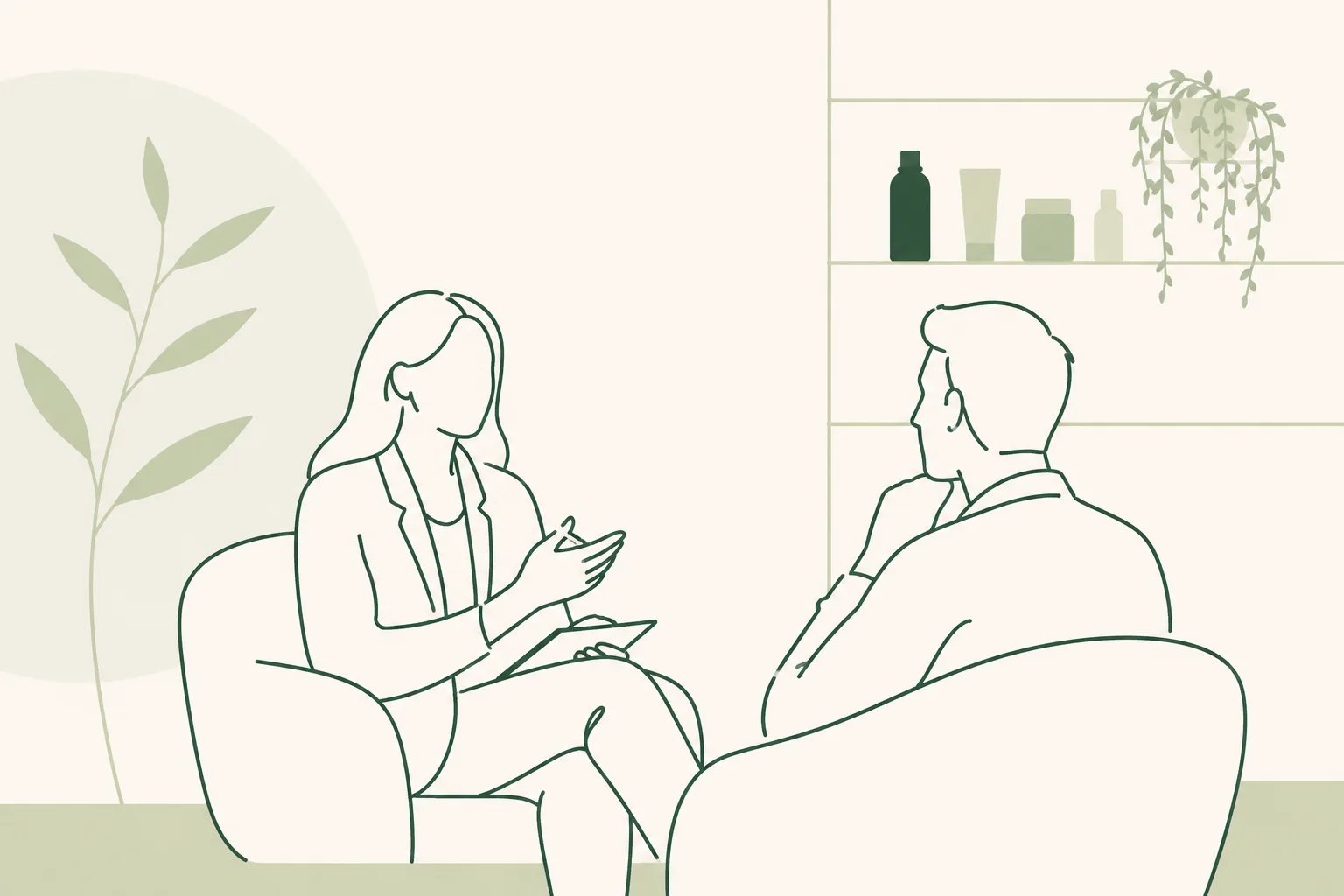 Line illustration of a strategic coaching conversation in a calm health and wellbeing setting