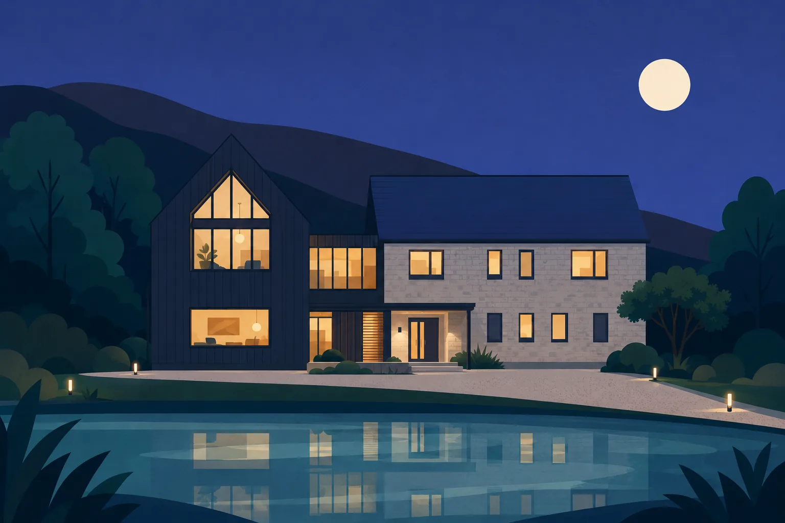 Illustration of a premium modern home at dusk with warm lit windows, representing Norrsken Windows