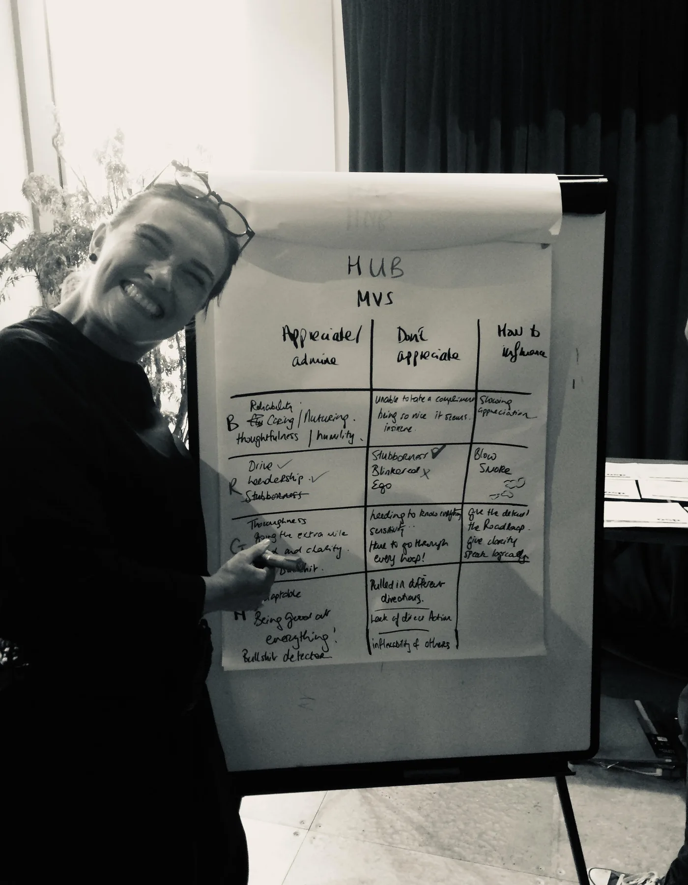 Sally Oldfield smiling beside a Relationship Awareness flipchart during a Rothco workshop