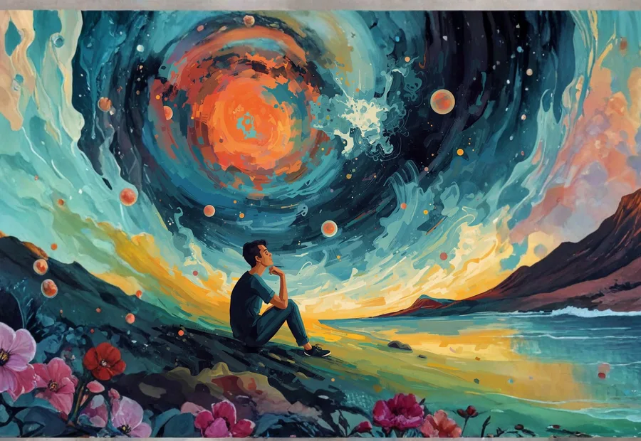 Illustration of a person thinking beneath a vivid swirling sky, representing AI and cognitive offloading