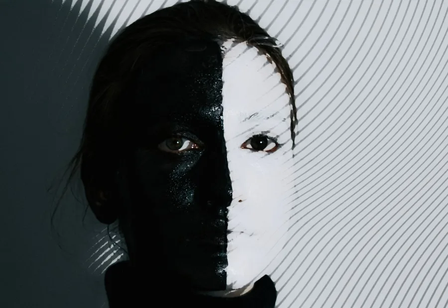 Person wearing a half black and half white mask against a striped wall