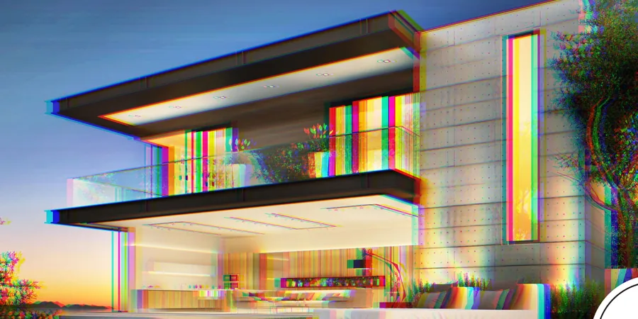 A modern house with vivid colour-shifted windows and light